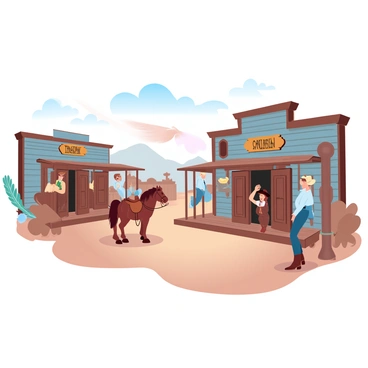 A carnet showing a classic wild west scene with cowboys and a dusty town