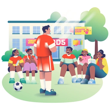 A man resembling "Ronaldo" with short dark hair and wearing a red sports jersey is standing in front of a group of enthusiastic children at a local school. The children, of diverse ethnic backgrounds, are seated on a grassy area, looking up at him with excited expressions. In the background, there is a school building with colorful banners promoting sports. The scene includes a soccer ball on the ground near Ronaldo's feet, and a couple of kids are holding small notebooks and pens, ready to take notes. Sunlight filters through the trees, creating a bright and inviting atmosphere.