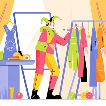 A jester getting ready backstage for a big theatre performance, surrounded by costumes.