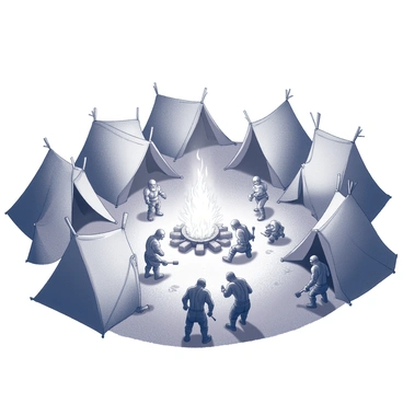 An orc camp filled with numerous tents of various sizes. The tents are made of rough fabric and are arranged haphazardly across the camp. A large campfire is situated at the center, with flames rising high and casting flickering shadows. Several orcs are gathered around the fire, engaging in animated conversations. Some are cooking food over the flames, while others are sharpening weapons or tending to various tasks. The atmosphere is lively and chaotic, with orcs moving about and interacting with each other.