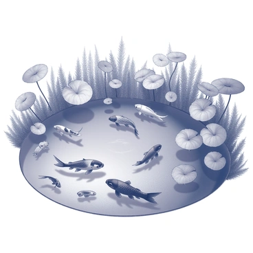 A pond surrounded by lush vegetation. The surface of the water is dotted with large, round leaves of water lilies. Several koi carp are swimming beneath the surface, each with distinct patterns and markings. Some koi are near the water's edge, while others swim deeper into the pond, creating ripples in the water. The overall scene conveys a sense of tranquility and harmony in nature.