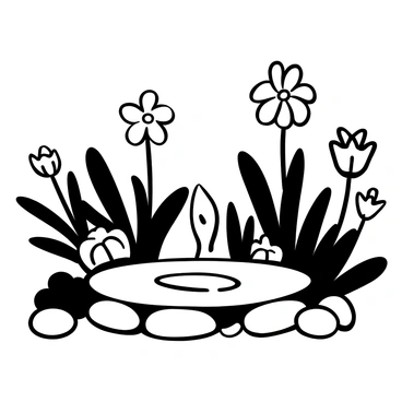 A small spring bubbling up amidst a garden filled with various plants and flowers. The garden is full of intricate details, with different shapes and sizes of leaves surrounding the spring. Several flower stalks extend towards the sky, with petals unfurling in various forms. The water from the spring splashes gently, creating ripples on the surface. There are smooth stones arranged around the base of the spring, reflecting the surrounding flora.