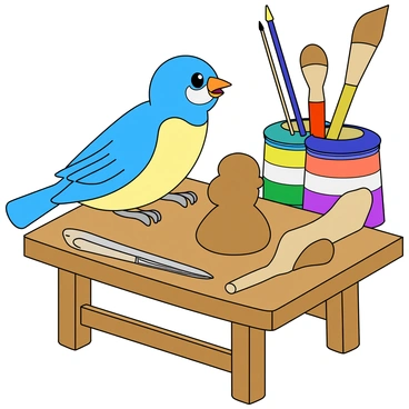 A small, cartoon-like bird with bright blue feathers is perched on a wooden workbench. The bird has large, expressive eyes and a tiny beak, focused intently on its task. In front of the bird is a lump of brown clay, and it uses its wings to carefully shape the clay into a tiny statue. Various sculpting tools are scattered around the workbench, including a rolling pin and a small knife. The background features colorful jars of paint and brushes, adding to the playful atmosphere. The bird looks delighted as it adds the finishing touches to its creation.