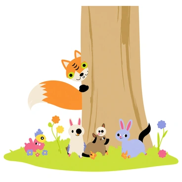 A sneaky orange fox with a fluffy tail is peeking out from behind a tall, textured brown tree trunk. The fox has mischievous green eyes and a playful grin. Surrounding the tree are various colorful woodland friends, including a curious rabbit with large ears, a small squirrel with a bushy tail, and a wise owl perched above. The background features vibrant green grass and blooming wildflowers, creating a lively setting for the fox's prank. The fox appears to be plotting, with its paw raised as if ready to spring into action.