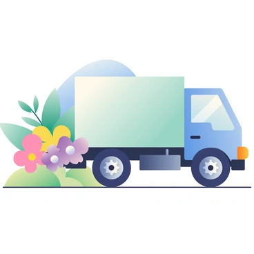 A moving truck with a light blue exterior is parked in the foreground. Surrounding the truck is a vibrant flower garden filled with various blooming flowers in shades of pink, yellow, and purple. The flowers are in full bloom, creating a colorful display typical of springtime. In the background, green foliage and leafy plants provide additional depth to the scene. The sky is clear blue, suggesting a sunny day and the warmth of the season.