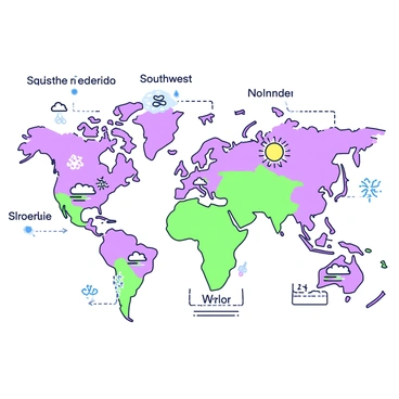 A detailed map displays various weather patterns across a continent. In the center, there is a large landmass divided into several regions. Each region features distinct weather icons, such as "a sun with rays" in the southwest, indicating a warm climate. In the northwest, "clouds with raindrops" signify rainy weather, while the northeast shows "snowflakes" for cold temperatures. The southeast is marked with "wind swirls," representing windy conditions. Additional labels detail the names of the regions, and arrows indicate the direction of prevailing winds across the continent.