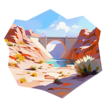 A large dam situated in a vast desert landscape, surrounded by rugged terrain characterized by rocky outcrops and steep cliffs. The dam's concrete structure spans a dry riverbed, with its design showcasing a series of arches and sluices. Sparse vegetation, including hardy shrubs and cacti, dots the arid ground, emphasizing the harsh environment. The sun casts strong shadows across the scene, highlighting the contrasts between the dam and the surrounding barren land. In the distance, a clear blue sky stretches overhead, adding to the stark beauty of the desert setting.