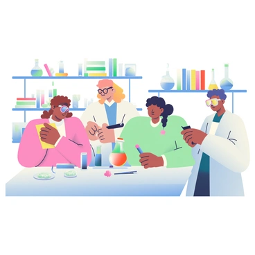 A group of four scientists is working in a modern laboratory filled with various scientific equipment. Two scientists, one with short brown hair and glasses and the other with long black hair tied back, are standing at a counter, carefully adding colorful liquid from test tubes into a larger beaker. The third scientist, with curly hair and a white lab coat, is writing notes in a notebook, while the fourth scientist, wearing safety goggles, is observing the reaction taking place. The lab is well-lit, with shelves lined with additional test tubes, flasks, and scientific books in the background. The countertop is cluttered with various instruments, including a pipette and small petri dishes.