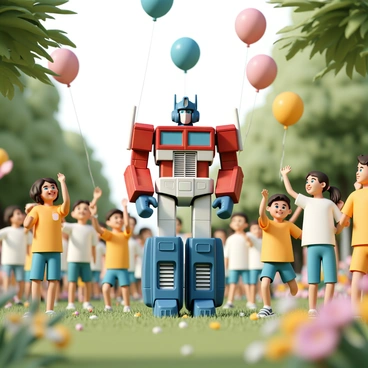 Optimus Prime, the iconic transformer, stands tall and proud, leading a vibrant parade. He is surrounded by excited children, some wearing bright t-shirts and shorts, waving their hands in joy. Colorful balloons in various shades of red, blue, yellow, and green float above the crowd, swaying gently in the warm breeze. The park is filled with lush green grass and blooming flowers, creating a cheerful atmosphere. Sunlight filters through the trees, illuminating the scene and adding a sense of warmth and happiness to the moment.