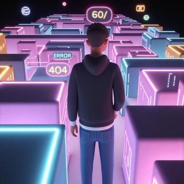 A person navigating through a digital maze with a sign pointing to 'Error 404'