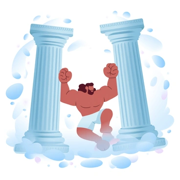 A muscular figure named "Samson" is portrayed in the act of pushing apart two enormous stone pillars that support a grand temple structure. The pillars are intricately designed and have a weathered texture, showcasing their age and strength. The temple has detailed carvings and is surrounded by numerous fragments of debris falling to the ground. Dust and debris fill the air around Samson as he exerts his strength. The scene is filled with tension, emphasizing the monumental effort Samson is making. In the background, faint outlines of the temple's architecture can be seen, highlighting the size and grandeur of the scene.