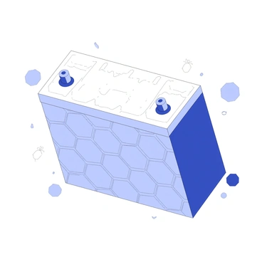 A car battery is placed on a flat surface, featuring a geometric design with hexagonal patterns covering its exterior. The battery has terminals on the top, with clear markings indicating positive and negative connections. The hexagons are intricately detailed, creating a textured appearance across the entire surface. The battery is rectangular in shape, with pronounced edges and corners, giving it a robust look. Surrounding the battery, there are subtle reflections of light, enhancing the structure's dimensionality.
