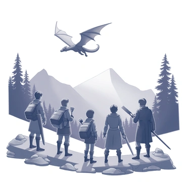 A group of five adventurers stands at the edge of a dense forest, preparing to set off on their quest. The adventurers are equipped with various weapons and gear, including a sword, a shield, and a staff. Each person has distinct characteristics; one is wearing a heavy cloak, another has a quiver of arrows slung across their back, while a third has a large backpack filled with supplies. In the background, a vast mountain range looms, and high above, a dragon with massive wings can be seen soaring gracefully against the sky, its silhouette detailed and imposing. The setting is filled with rugged terrain and scattered rocks leading into the woods, creating an atmosphere of anticipation and adventure.