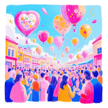 A variety of colorful balloons, each featuring unique illustrations, float above a lively festival crowd. The balloons come in different shapes and sizes, including hearts, stars, and traditional round forms. Below, the crowd consists of people of various ages and backgrounds, smiling and enjoying the festivities. Some individuals are dressed in vibrant clothing, while others hold food and drinks. The atmosphere is filled with excitement as people look up at the balloons.