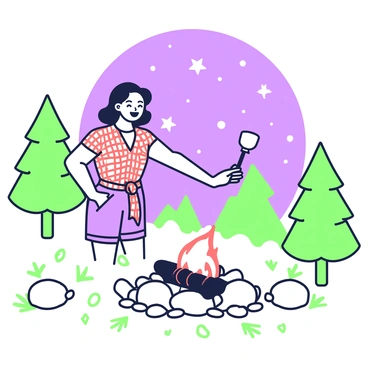 A pin-up girl with wavy hair is roasting marshmallows over a campfire. She is wearing a classic red and white checkered shirt tied at the waist, and denim shorts. Her expression is joyful as she holds a long stick with a marshmallow at the end, carefully positioned over the flames. The campfire is surrounded by several smooth rocks. In the background, a starlit sky is visible, filled with numerous twinkling stars. A few trees frame the scene on either side, and the ground is covered with pine needles and small rocks.