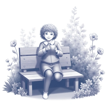 A hobbit with curly hair is sitting on a rustic wooden bench. The hobbit is holding a teacup, gently sipping tea with a content expression. The surrounding area is filled with blooming flowers in various shapes and sizes, showcasing lush greenery. The wooden bench is positioned in the midst of the vibrant floral display, creating a tranquil scene. Sunlight filters through the leaves above, casting subtle shadows on the bench and the ground.