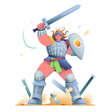 A fierce warrior with wild, flowing hair is in the midst of a battle frenzy. The warrior is wearing intricately designed armor with metallic accents that glints in the light. They are swinging a gigantic sword above their head with both hands, showcasing powerful muscles and determination. In the background, there are scattered remnants of a battlefield, including broken shields and fallen weapons. Dust and debris are being kicked up around the warrior, emphasizing the intensity of the moment. Their focused expression conveys a sense of strength and fearlessness as they prepare to strike.