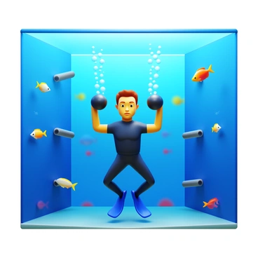 A unique underwater gym filled with various sea life surrounding its clear walls. A diver in a sleek wetsuit is performing "skull crushers" with special weights designed to withstand water pressure, creating bubbles as they lift. Brightly colored fish swim by, intrigued by the activity. Sunlight filters through the water's surface, casting shimmering patterns on the gym equipment. The diver's focused expression highlights the intensity of the exercise.