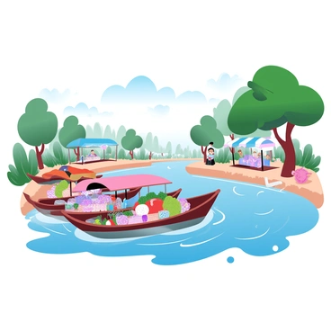 A vibrant floating market is situated on a flowing river. Several colorful boats are lined up, each filled with an assortment of goods such as fruits, vegetables, and handmade crafts. The boats are adorned with lively decorations and are anchored close to the riverbank, where shoppers can easily browse the offerings. The water reflects the surrounding greenery and colorful boat canopies, enhancing the scene's liveliness. In the background, lush trees provide shade and a beautiful natural setting. Brightly colored market stalls can be seen along the riverbanks, bustling with activity.
