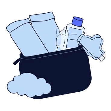 An anti-swelling kit displayed on a white background. The kit includes a pair of light blue compression socks neatly folded. Next to the socks is a tube of clear cooling gel with a blue cap, labeled with simple graphics. There is also a small ice pack shaped like a cloud, with a gentle blue hue. All items are organized in a minimalist black pouch with a zipper, partially open to reveal the contents inside.