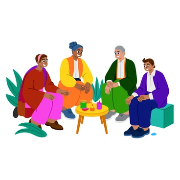 A diverse group of people from different religions sits together in a circle. Each individual wears traditional clothing representing their respective faiths, showcasing a variety of colors and patterns. Their facial expressions are friendly and engaged, highlighting a sense of community. In the center of the circle, there is a small, decorative table with a glowing candle and symbolic items from each religion, enhancing the atmosphere of harmony. The setting is bright and inviting, with greenery surrounding them.