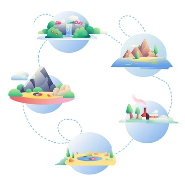 A series of floating islands are suspended in a bright blue sky, each island showcasing a distinct environment. The first island is lush and green, covered in dense foliage and vibrant flowers, with a small waterfall cascading into the clouds below. The second island features rocky terrain, with jagged cliffs and sparse vegetation, and a small fire pit with glowing embers. The third island has a desert landscape, with golden sands and a few scattered cacti, while a small oasis glimmers with clear water in the center. The fourth island is a snowy scene, blanketed in white, with pine trees and a small cabin emitting smoke from its chimney. Each island is connected by thin, wispy trails of mist that swirl gently between them.