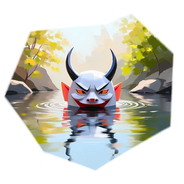 A "hannya mask" is floating on a "still lake," its features prominently displayed. The mask has intricate details, with fierce expressions and sharp horns. The surface of the water is clear, showing a "reflection" of the mask that shimmers gently in the light. Surrounding the lake are lush green trees, their leaves gently rustling in a light breeze. The overall atmosphere is tranquil, enhancing the striking presence of the mask on the water's surface.