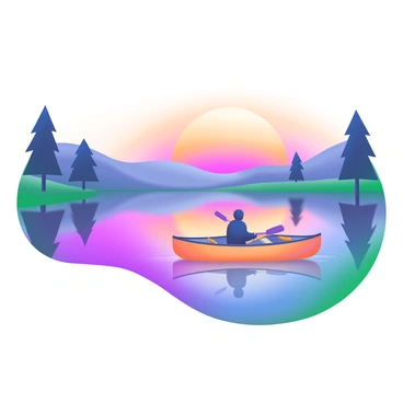 A calm lake reflecting a vibrant sunset in shades of orange, pink, and purple. The water is smooth and glassy, creating a mirror-like effect. A single canoe, painted in a bright color, floats gently on the surface of the water. The canoe features two paddles resting inside it, and a silhouette of a person is seated, enjoying the serene view. Surrounding the lake are silhouettes of trees that frame the scene, enhancing the peaceful atmosphere.