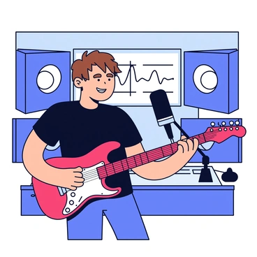 A musician is standing in a professional recording studio. He has short brown hair and is wearing a black t-shirt. The musician is holding an electric guitar, which is a glossy red color with a white pickguard. Around him are soundproof foam panels on the walls, and there are various microphones positioned near him. A mixing console with illuminated buttons and sliders is visible in the background. There is a large monitor displaying sound waves above the console. The atmosphere is focused and energetic.