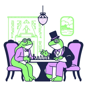Two frogs are sitting at a small ornate chess table, deep in concentration during their thoughtful chess game. The frogs are wearing tiny Victorian-style outfits, with one donning a monocle and a waistcoat, while the other is adorned with a petite bow tie and a top hat. The chessboard in front of them is made of dark and light wood, showcasing intricately carved pieces. 

Surrounding them is a richly decorated Victorian parlor with patterned wallpaper and plush furniture. A lavish fireplace can be seen in the background, with an ornate mantle. A classic oil painting hangs on the wall, depicting a serene landscape. The room is filled with soft, warm light emanating from a crystal chandelier above, enhancing the elegant atmosphere of this unique encounter.