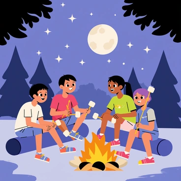A group of four children sitting on logs around a small campfire with bright orange flames. The children, two boys and two girls, are holding long sticks with gooey white marshmallows at the end, roasting them over the fire. One child is animatedly sharing a story while the others listen intently. The night sky above is filled with numerous twinkling stars, and a large, illuminated moon casts a soft glow on the scene. In the background, silhouettes of trees frame the campsite, enhancing the cozy atmosphere.