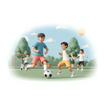 A group of three children is playing a friendly game of football in a sunny park. One child, wearing a blue t-shirt and red shorts, is dribbling the ball towards a goal. Another child, dressed in a green shirt and yellow shorts, is running to intercept the ball with a focused expression. The third child, in a white jersey and black shorts, is cheering from the sidelines with a big smile. The park has lush green grass, and in the background, there are trees with bright green leaves and a clear blue sky. The sun is shining brightly, casting soft shadows on the ground.
