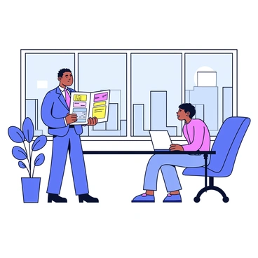 An illustration agent stands confidently while presenting a portfolio to a client. The agent is dressed in a sharp, tailored suit and stands beside a stylish, glass conference table. The portfolio is open on the table, displaying colorful illustrations. The client, seated across from the agent, is attentively looking at the portfolio. The modern office features large windows with a view of the city skyline and minimalistic furniture. A potted plant adds a touch of greenery to the space.