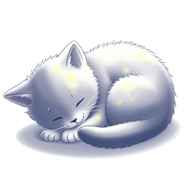 A fluffy kitten is curled up in a tight ball, sleeping peacefully. Its soft fur appears plush and inviting. The kitten is nestled comfortably on a smooth surface, and a warm sunbeam is casting gentle light over its small body, creating a contrast between light and shadow. The surrounding area is quiet and serene, with subtle textures that enhance the peaceful atmosphere. The kitten's tiny paws are tucked under its chin, and its face shows a content expression in deep slumber.