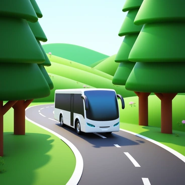 An electric bus with a sleek, modern design is driving along a winding road surrounded by tall, green trees. Sunlight filters through the leaves, casting dappled shadows on the bus and the ground. In the background, rolling hills are visible, adorned with patches of wildflowers. The scene conveys a sense of motion as the bus continues its journey through the lush forest landscape.