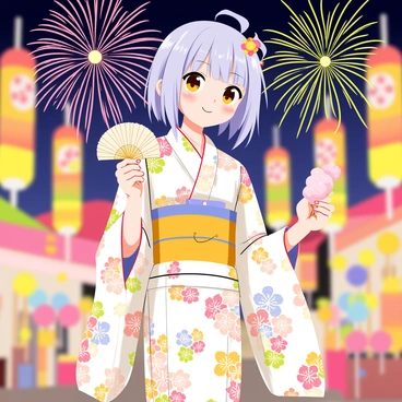 An anime character wearing a colorful yukata with intricate floral patterns. The character stands amidst colorful lanterns and stalls at a traditional Japanese festival. Their hair is styled in a playful manner, adorned with a decorative hairpin. In one hand, they hold a paper fan, and in the other, a festival treat like a cotton candy. The background features vibrant fireworks lighting up the night sky.