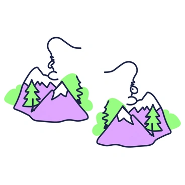 A pair of earrings inspired by mountain landscapes is displayed. Each earring is shaped like a stylized mountain, featuring tiny green trees scattered among the peaks. The mountains have intricate outlines, with sharp peaks and gentle slopes. The background enhances the mountainous theme, showcasing soft contours mimicking distant hills. The trees are small and detailed, adding a sense of scale to the earrings. The overall composition highlights the contrast between the rugged mountain shapes and the delicate nature elements.