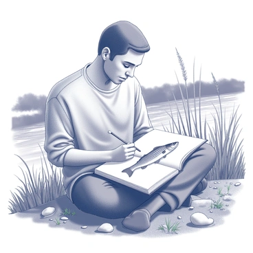 A naturalist is positioned on a riverbank, intently sketching a striped bass in a field journal. The naturalist has a focused expression, with a pencil in hand, capturing the details of the fish on the open pages of the journal resting on their lap. The river flows gently in the background, bordered by lush greenery and wild grasses. The striped bass is prominently featured, showcasing its distinct horizontal stripes and streamlined body. Various natural elements, such as rocks and small plants, are scattered around the naturalist, enhancing the connection to the riverbank environment.