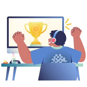 A gamer with short black hair and wearing a headset is sitting in front of a computer monitor displaying a bright virtual trophy on the screen. The trophy is gold with intricate details, shining under the bright light of the monitor. The gamer is wearing a blue t-shirt with a pixelated graphic design. Their hands are raised in the air in celebration, and a wide smile is on their face. The room is dimly lit, with the glow of the screen illuminating the gamer’s excited expression. On the desk, there are game controllers, snacks, and a drink, adding to the lively atmosphere of the scene.