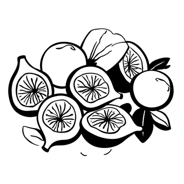 A collection of fresh figs arranged on a textured surface. Each fig is halved, showcasing their unique internal textures and contrasting patterns. The fig halves have visible seeds and intricate fibrous structures. Some whole figs are placed beside the halved ones, highlighting their smooth outer skin. A few leaves are scattered around, adding to the composition.