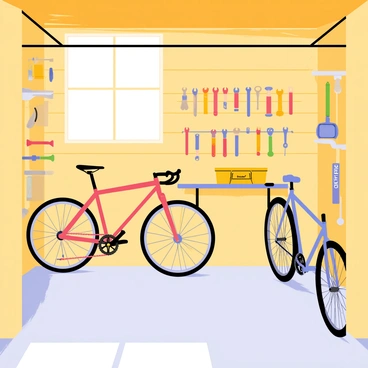 A cozy garage with warm wooden walls and a concrete floor. The garage is filled with various bicycles, including a bright red mountain bike and a sleek blue road bike, both parked neatly. Tools hang organized on pegboards, including wrenches, hammers, and screwdrivers, with labels for easy identification. A small workbench is situated against one wall, cluttered with bicycle parts and a yellow toolbox. Soft, warm light filters in from a simple window, casting gentle shadows across the space.