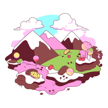 A whimsical landscape features rolling hills and mountains made entirely of various desserts. The hills are composed of fluffy whipped cream topped with vibrant fruit slices, while the mountains are made of rich chocolate cake layered with creamy frosting. In the foreground, a river of bright raspberry sauce flows gently, bordered by cookie crumb banks. Lollipop trees with colorful swirls dot the landscape, providing shade. Above, a sky of pastel cotton candy floats, casting a dreamy glow over the entire dessert wonderland.