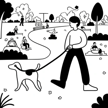 A person wearing a casual outfit is walking a medium-sized dog on a leash in a lively neighborhood park. The park is filled with various trees and shrubs, providing a lush background. In the distance, there are children playing on swings and families having picnics on the grass. A pathway lined with benches can be seen where a few people are sitting and chatting. Nearby, a fountain is gently flowing, surrounded by blooming flowers. The scene captures a vibrant and active atmosphere of the park.