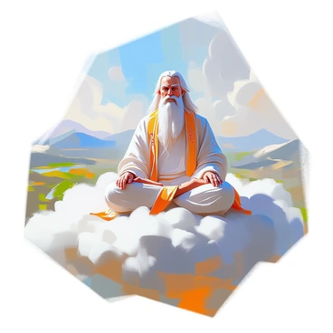 A wise figure with long, flowing white hair and a long beard sits calmly on a fluffy white cloud. The figure is dressed in a flowing robe with intricate patterns, conveying a sense of wisdom and serenity. They gaze thoughtfully at the vast landscape of the earth below, where green forests, winding rivers, and distant mountains can be seen. The sky is a soft blue, dotted with a few wispy clouds that surround the figure, creating a tranquil and majestic atmosphere.