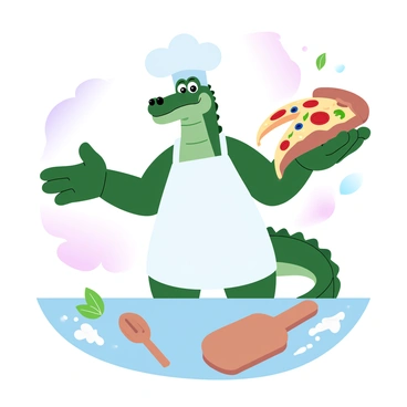 A crocodile wearing a white chef's apron is standing upright, holding a freshly baked pizza. The pizza is topped with various colorful ingredients like slices of pepperoni, bell peppers, and olives. The crocodile has its arms outstretched, showcasing the pizza with pride. A wooden pizza peel is placed nearby on a table, and there are scattered flour and fresh basil leaves around. The background features a kitchen setting with soft gradient pastel colors creating a warm atmosphere.
