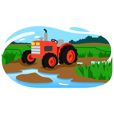 A bright red tractor with large, muddy tires is carefully navigating through a wet, marshy landscape. The tractor has a shiny metal body and a large, robust engine. Surrounding the tractor, tall grasses and vibrant green reeds sway gently in the wind. Puddles of water reflect the cloudy sky, creating a glistening surface. In the background, a cluster of dark green trees line the horizon, while patches of earth are visible between the muddy areas. The scene conveys an active moment of farming in a lively environment.