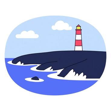 A rocky coastline with dark, jagged cliffs. The waves crash against the rocks, creating white frothy splashes. In the distance, there is a tall lighthouse with a red and white striped tower. The lighthouse has a bright light on top, illuminating the surroundings. The sky above is clear with a few fluffy clouds.