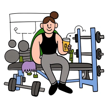 A light-skinned person with short brown hair is sitting on a gym bench, smiling while holding a protein shake in a clear plastic cup. They are wearing a fitted black tank top and gray workout pants. The person has a towel draped over their shoulder, and a barbell is resting on the floor nearby. The gym environment is visible in the background, with exercise equipment and weights arranged around.