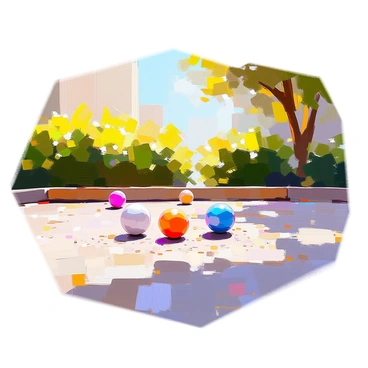 A gravel bocce court is shown with several colorful bocce balls scattered around. The balls are in various positions, some near the pallino, while others are placed farther away. The court is framed by lush greenery, including vibrant green shrubs and trees that create a natural border around the playing area. The gravel surface has a slightly uneven texture, and small pebbles are visible among the scattered bocce balls. Sunlight filters through the leaves, casting delicate shadows on the court.