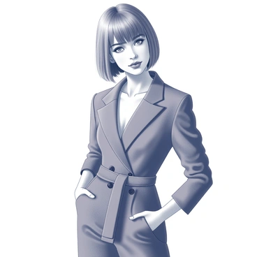A person standing confidently, showcasing a chin-length fringe hairstyle. The individual is wearing a stylish, tailored outfit that reflects contemporary fashion trends. Their expression is bold and expressive, accentuated by well-defined makeup. The person is posed against a simple background, emphasizing their fashion statement. The hairstyle frames their face neatly, adding a striking element to their overall appearance.